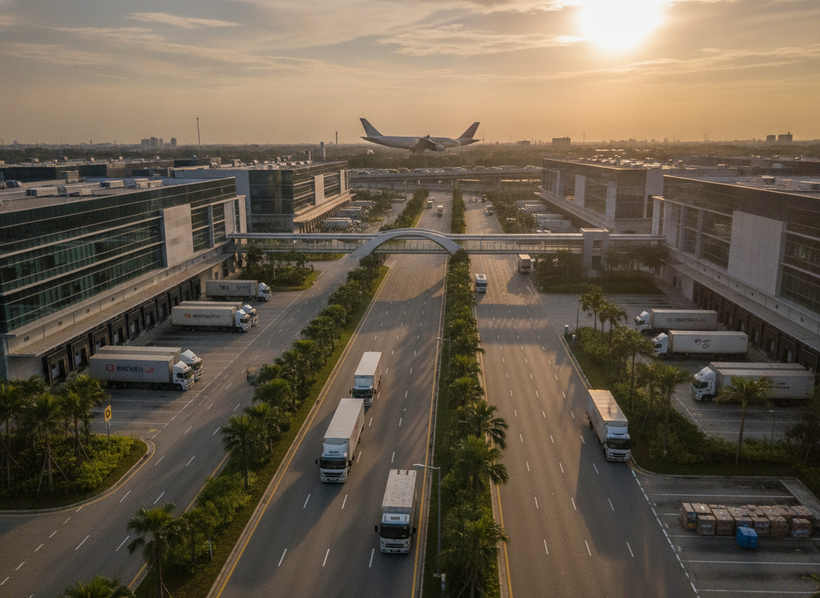 Singapore logistics corridor near Changi with delivery trucks