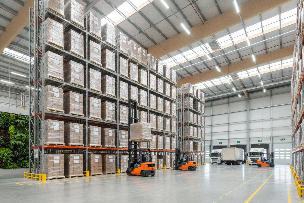 Modern high-spec logistics warehouse interior with racking and forklifts
