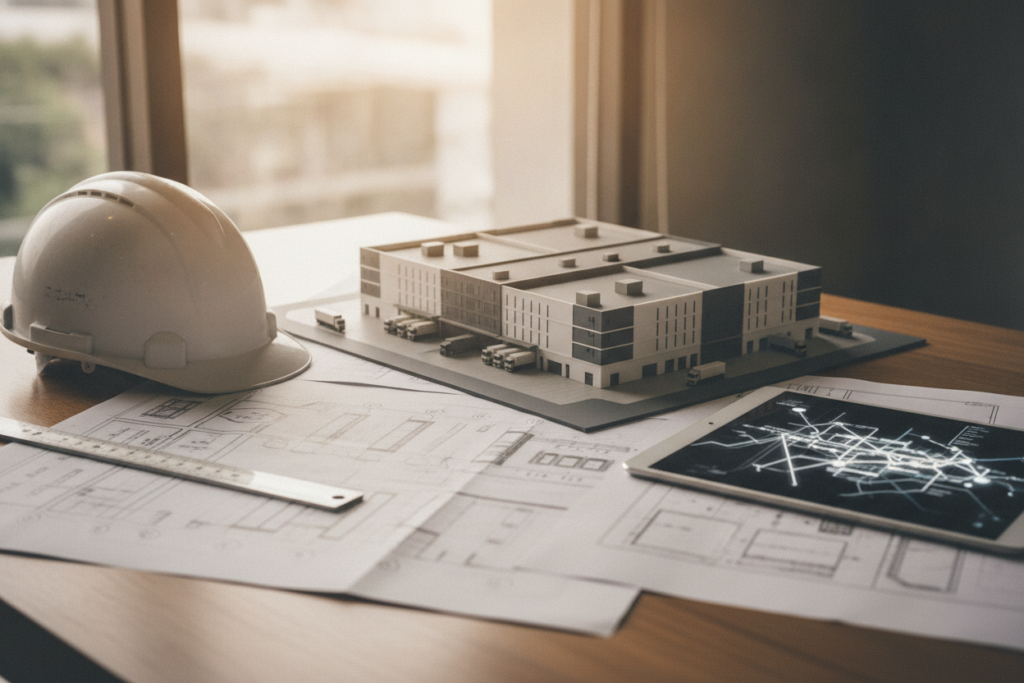 Industrial property planning desk with logistics routes