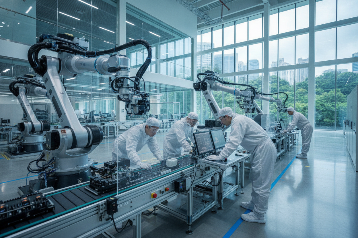 Technicians working around precision robotics in a Singapore manufacturing facility