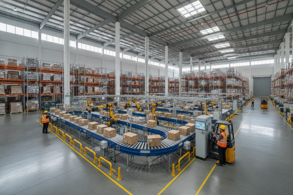 Modern Singapore warehouse operations with automated sorting