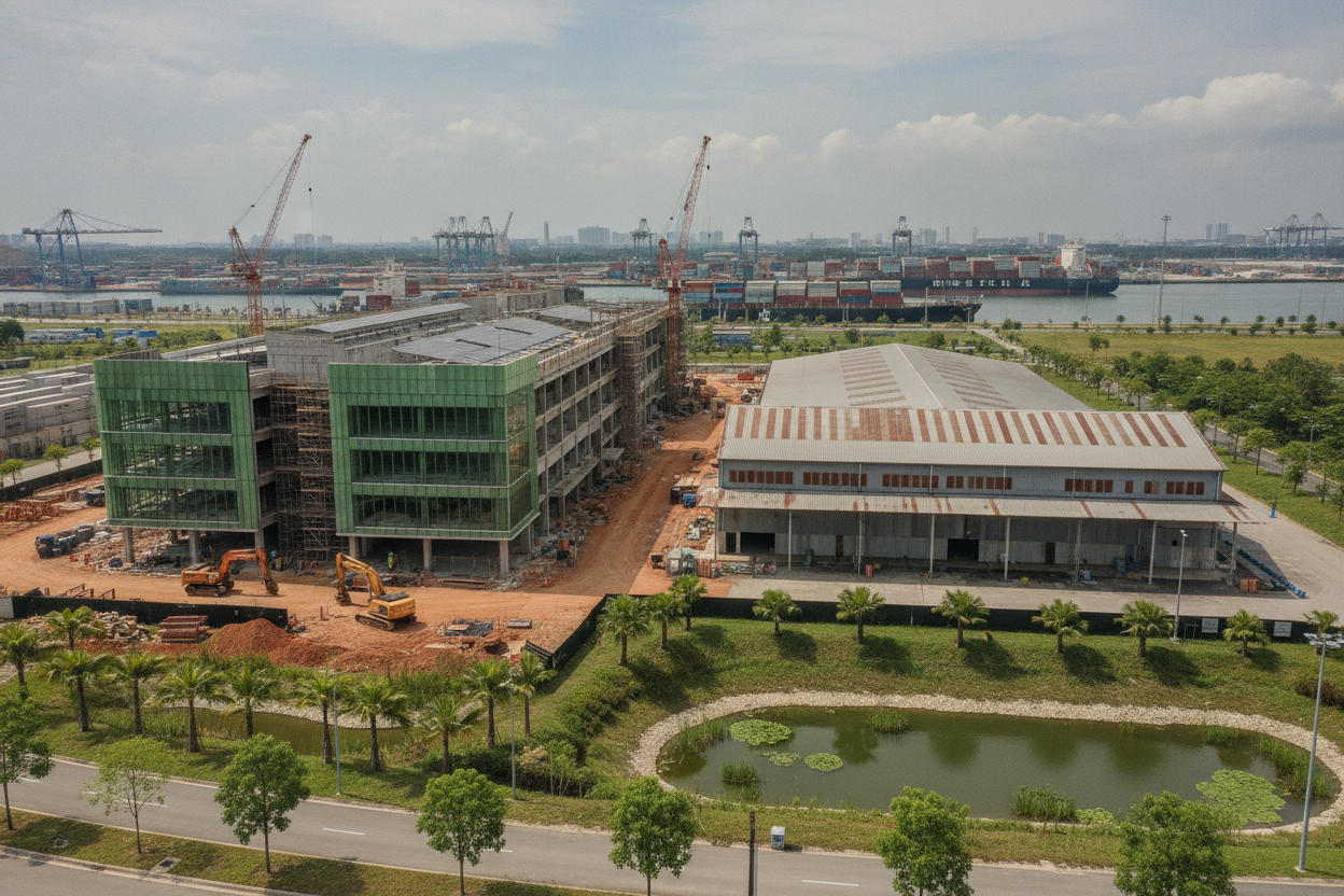 New green logistics facility taking shape beside an older warehouse in Tuas