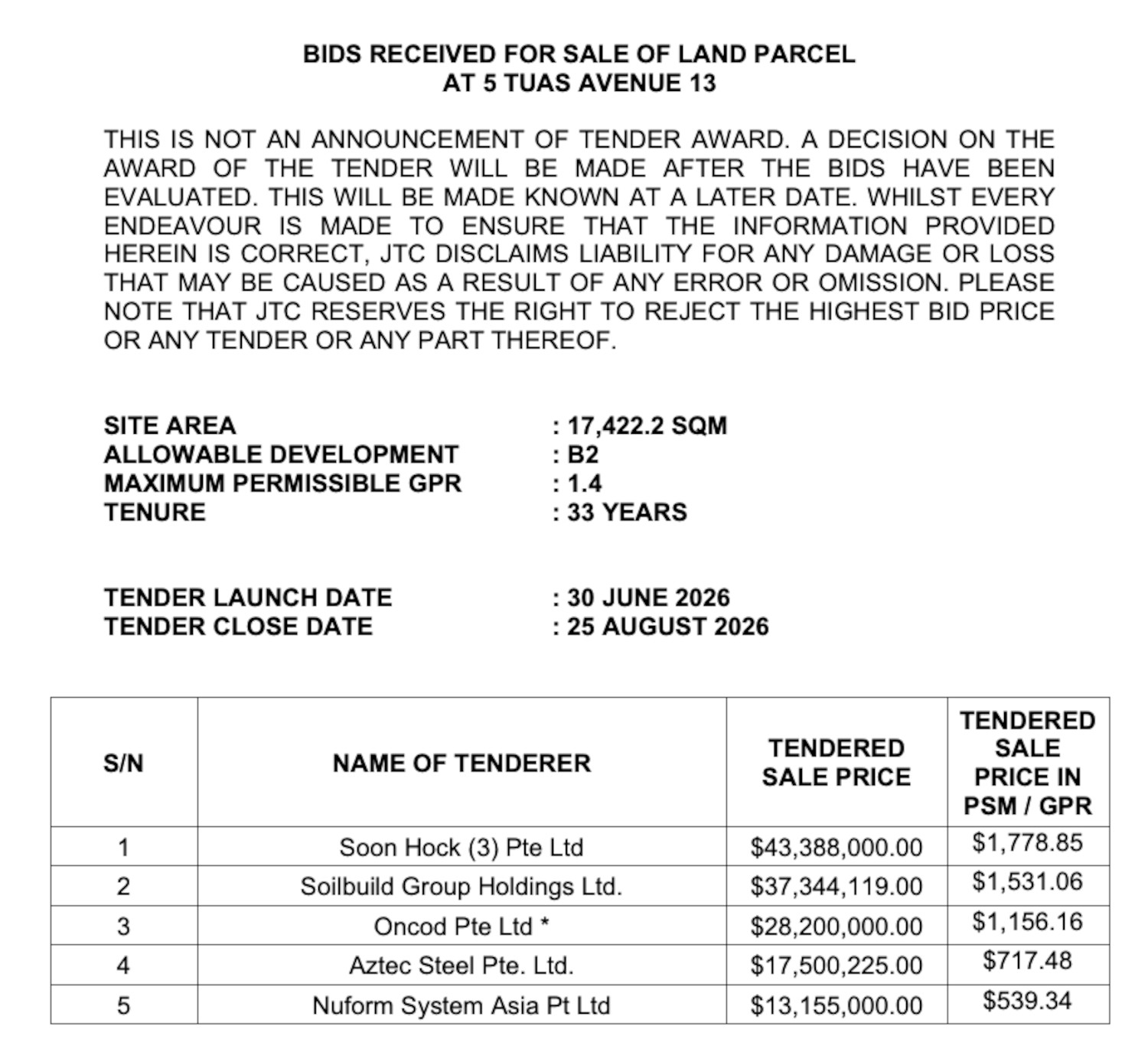 5 Tuas Avenue 13 Tender
